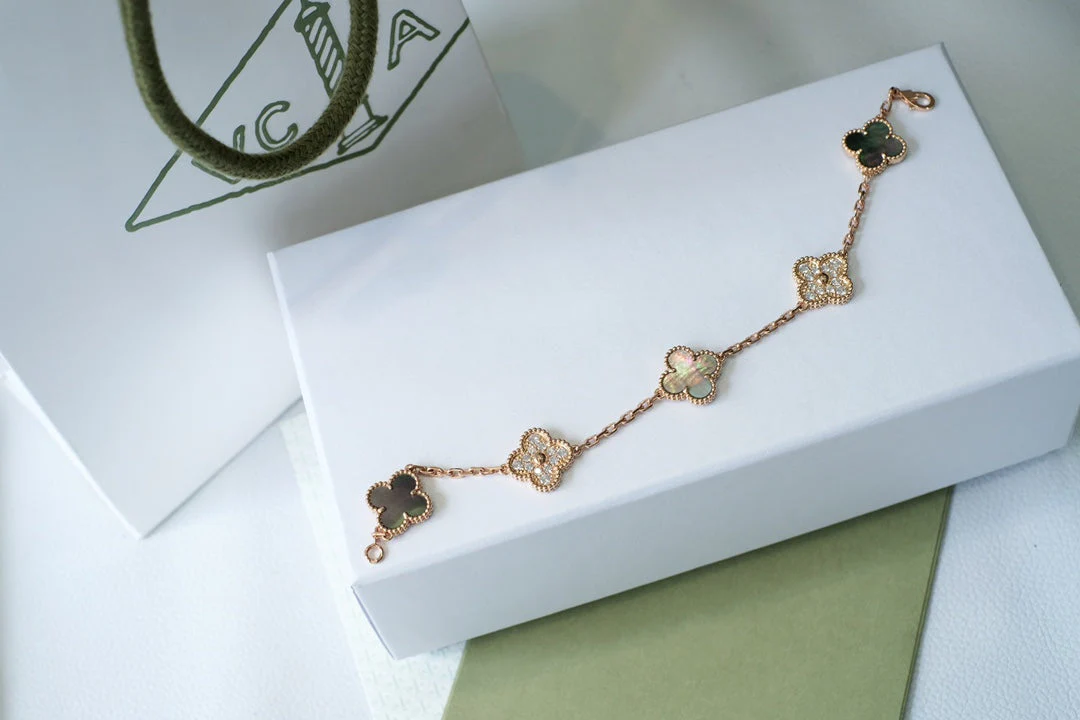 [VA]CLOVER 5 MOTIFS DARK MOP AND DIAMONDS PINK GOLD BRACELET