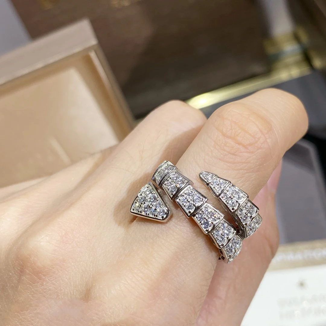 [BV]SERPENTI DOUBLE RING SILVER DIAMOND PAVED