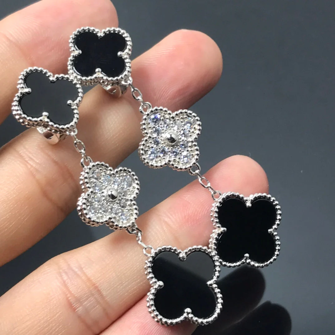 [VA]CLOVER 3 MOTIF DIAMOND ONYX SILVER EARRINGS