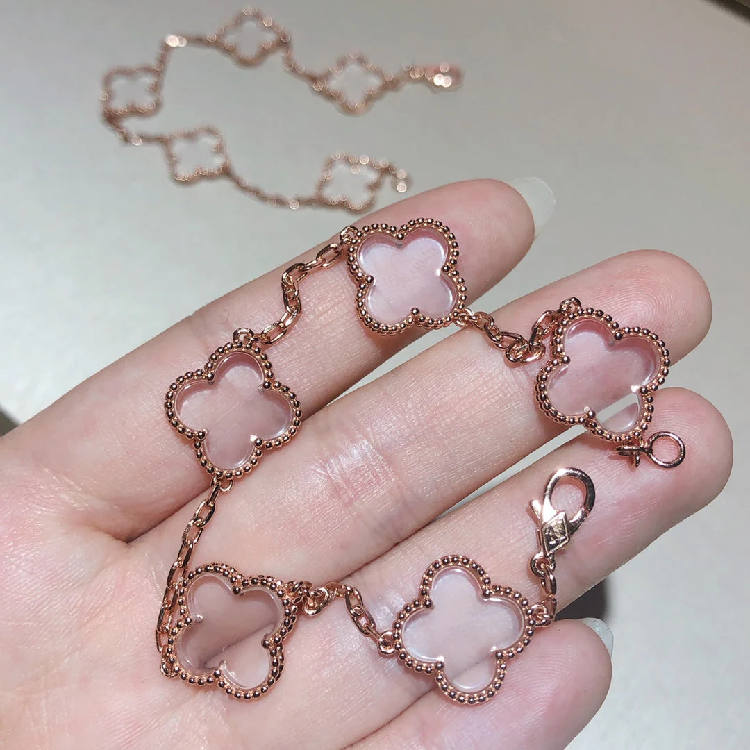[VA]CLOVER 5 MOTIF ROCK CRYSTAL PINK GOLD BRACELET