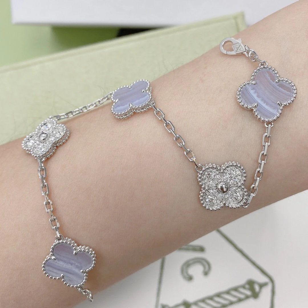 [VA]CLOVER  5 MOTIF DIAMOND PURPLE CHALCEDONY BRACELET SILVER