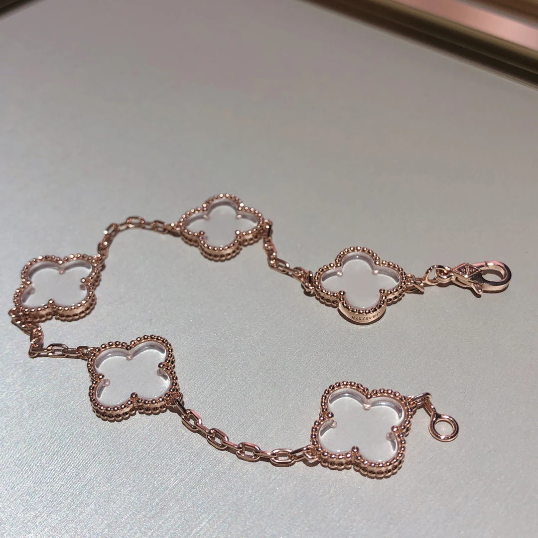 [VA]CLOVER 5 MOTIF ROCK CRYSTAL PINK GOLD BRACELET