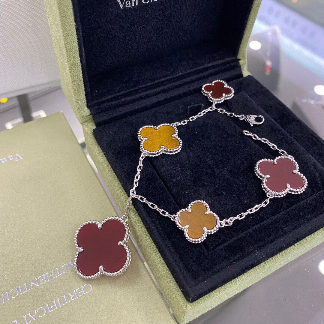[VA]CLOVER 5 MOTIFS SIVLER CARNELIAN TIGER EYE BRACELET