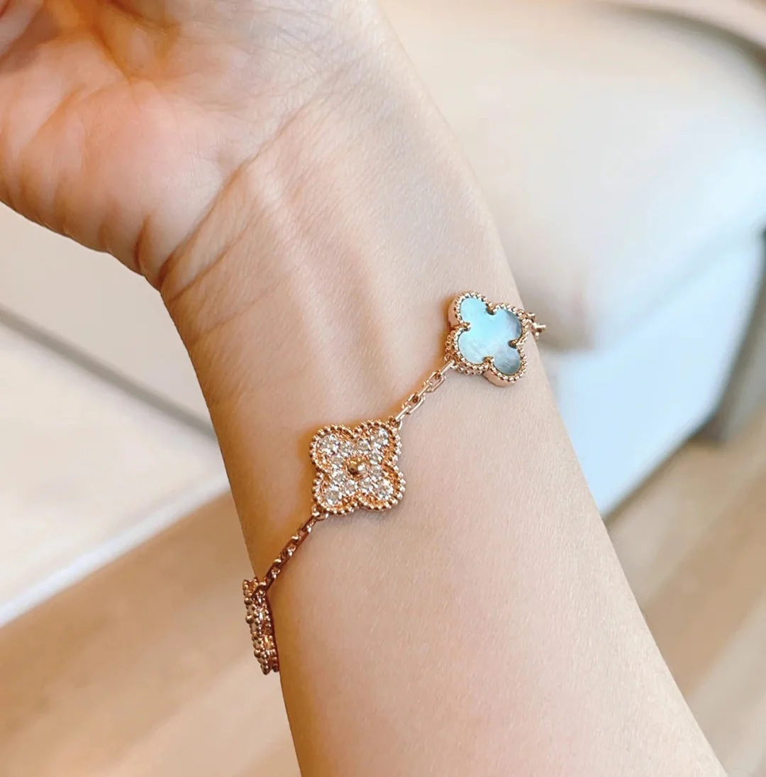 [VA]CLOVER 5 MOTIFS DARK MOP AND DIAMONDS PINK GOLD BRACELET