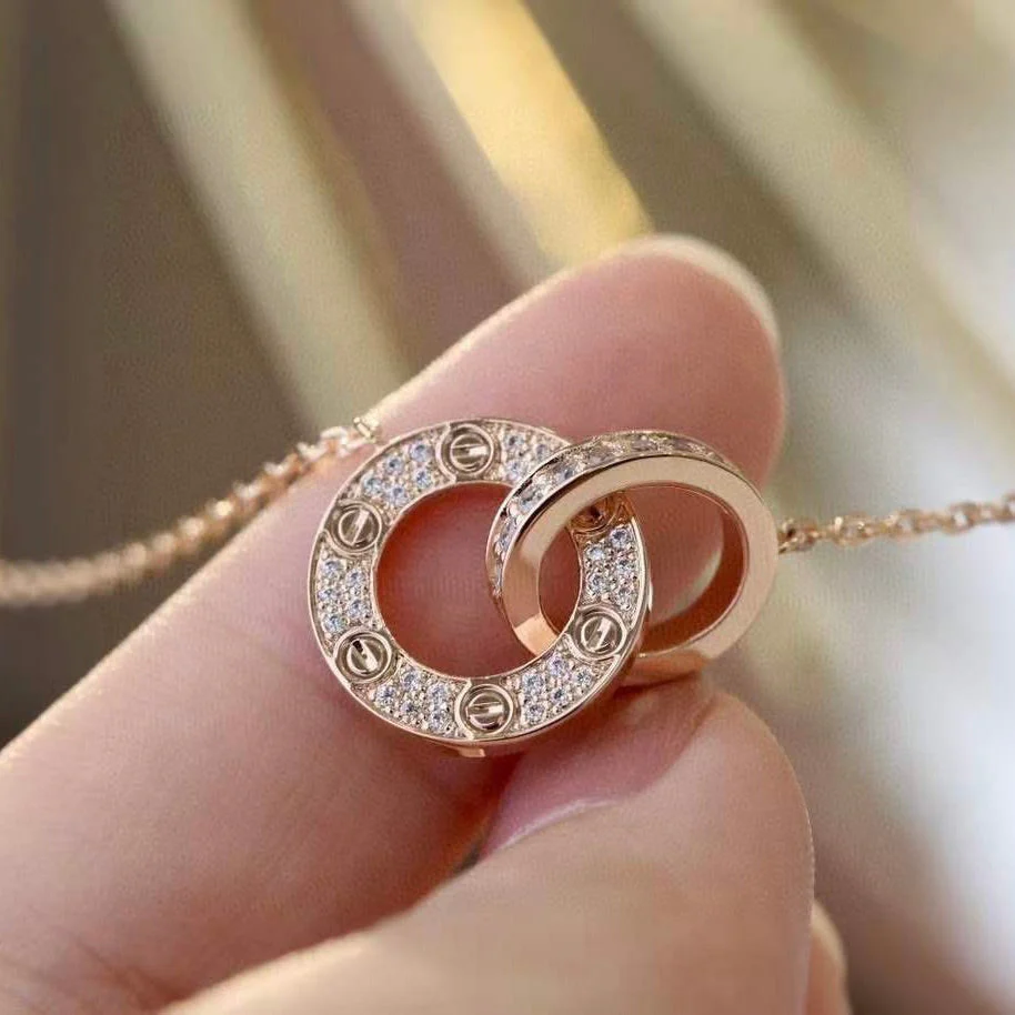 [CT]LOVE 7.6MM NECKLACE ROSE GOLD AND SILVER  FULL DIAMOND