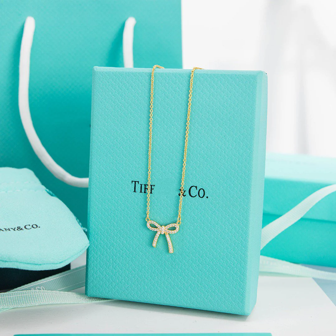 [TF]RIBBON NECKLACE BOW PENDANT DIAMOND CHARM CHAIN