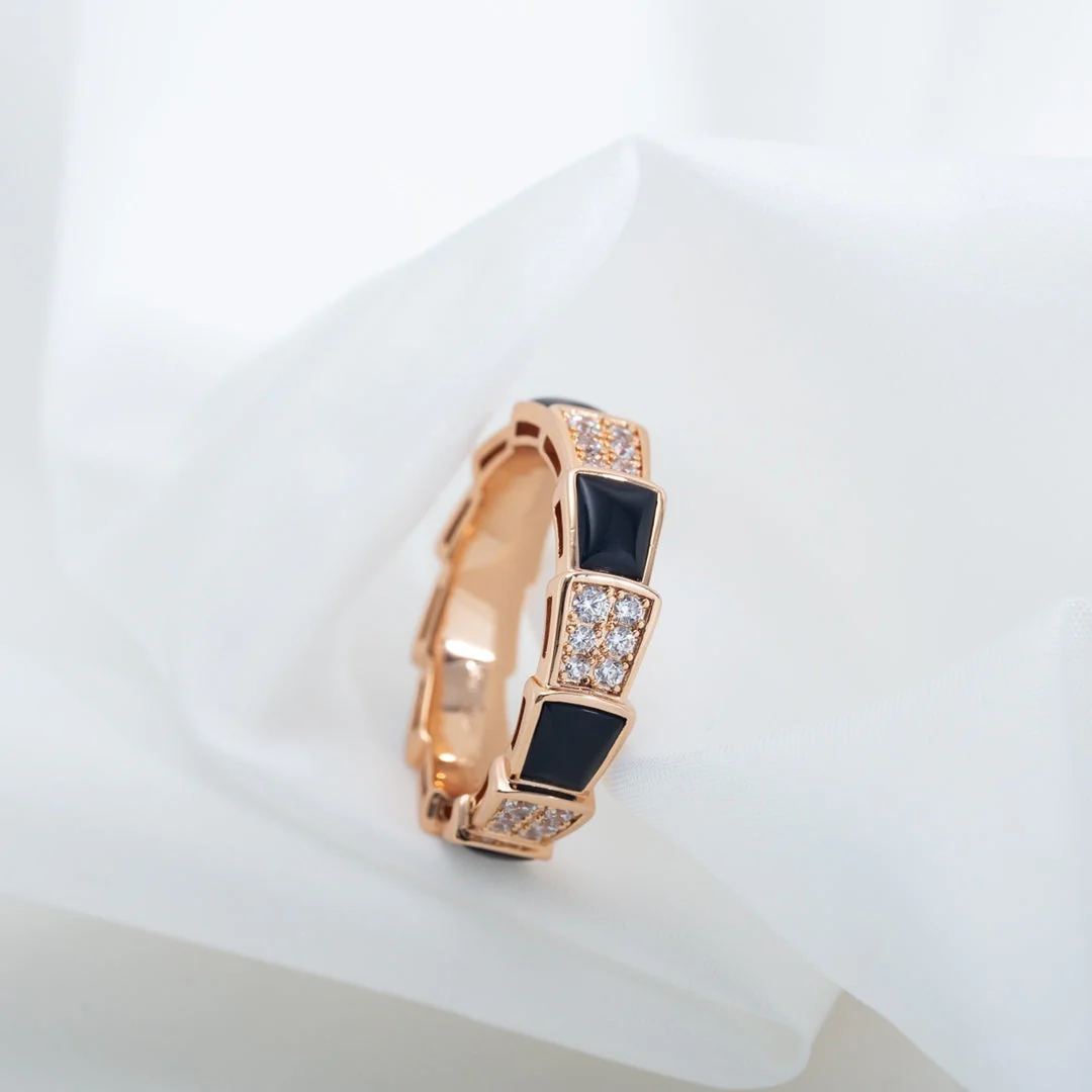 [BV]SERPENTI RING PINK GOLD BLACK MOP DIAMOND PAVED 4MM