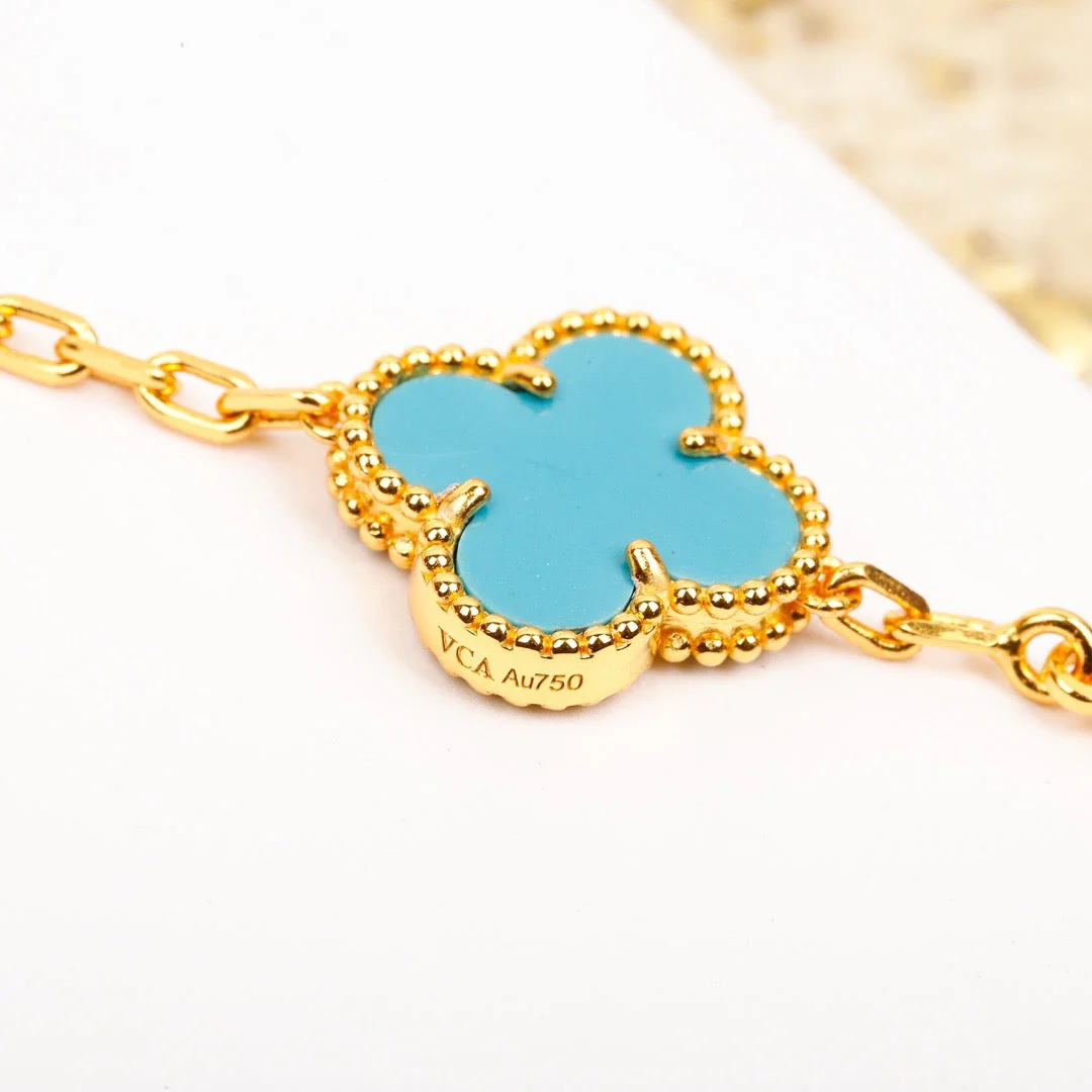 [VA]CLOVER 5 MOTIF TURQUOISE DIAMOND GOLD BRACELET