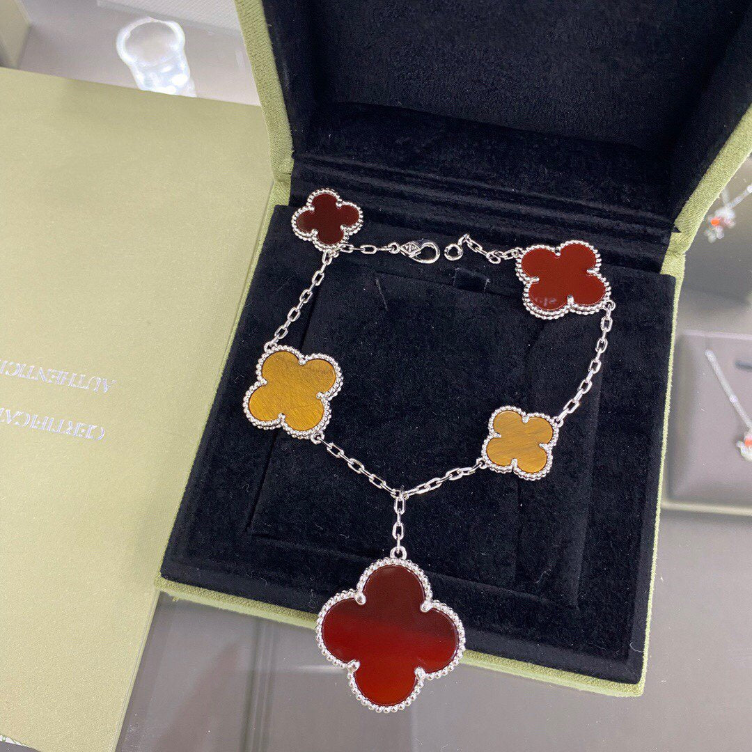 [VA]CLOVER 5 MOTIFS SIVLER CARNELIAN TIGER EYE BRACELET