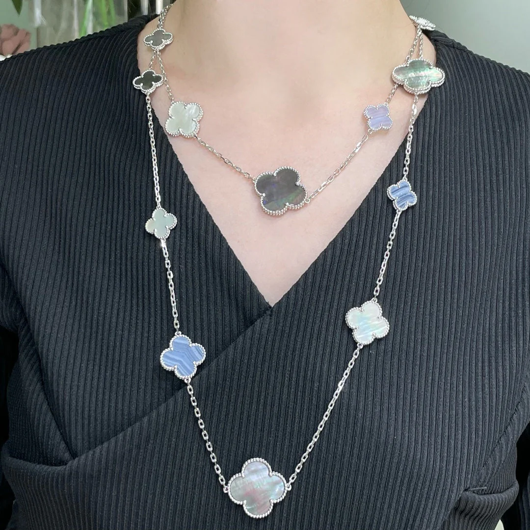 [VA]CLOVER 16 MOTIF CHALCEDONY MOP SILVER NECKLACE