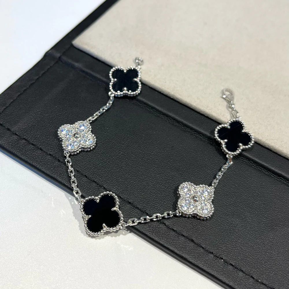 [VA]CLOVER 5 MOTIF ONYXS DIAMOND BRACELET SILVER