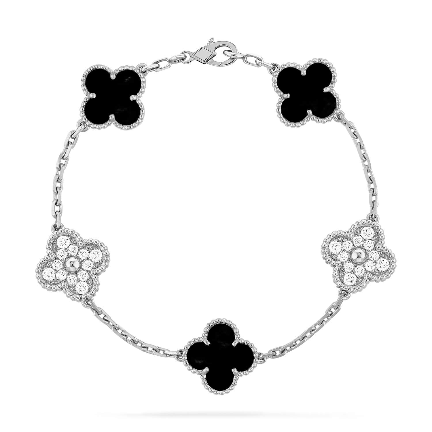 [VA]CLOVER 5 MOTIF ONYXS DIAMOND BRACELET SILVER