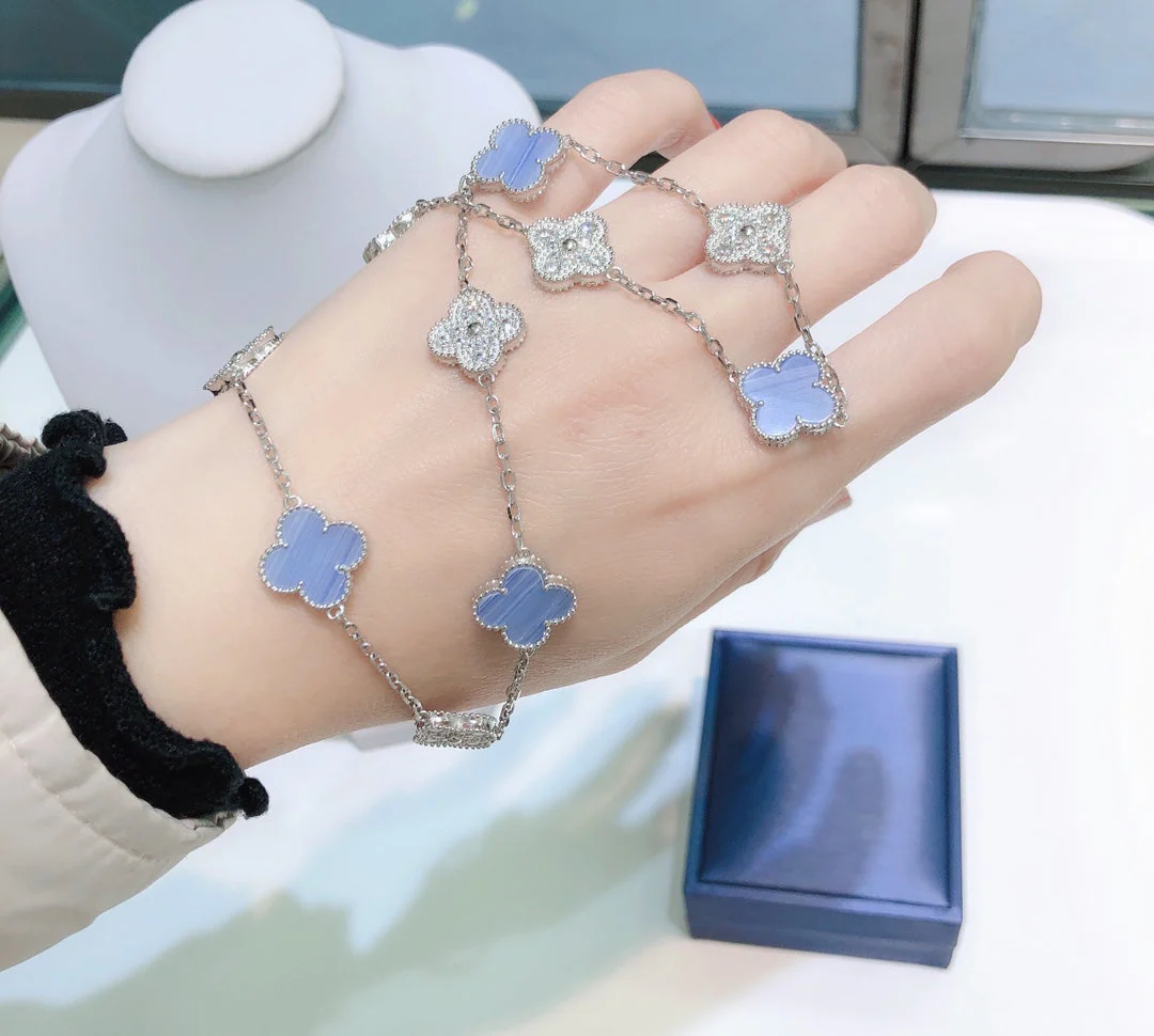 [VA]CLOVER 10 MOTIFS CHALCEDONY DIAMONDS SILVER NECKLACE