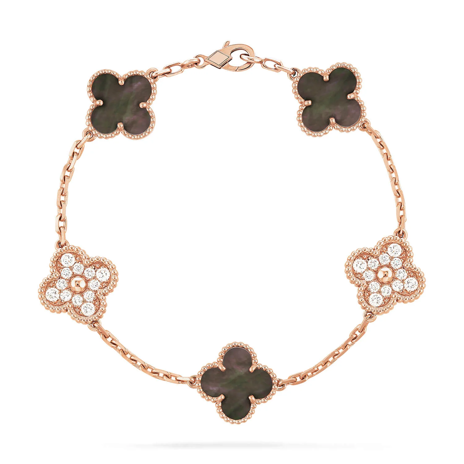 [VA]CLOVER 5 MOTIFS DARK MOP AND DIAMONDS PINK GOLD BRACELET