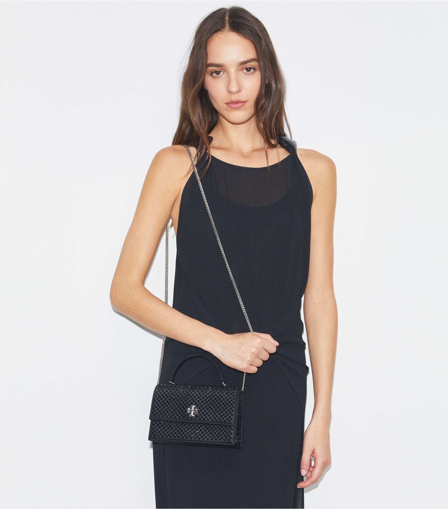 Mini Kira Satin Embellished Top-Handle Chain Wallet