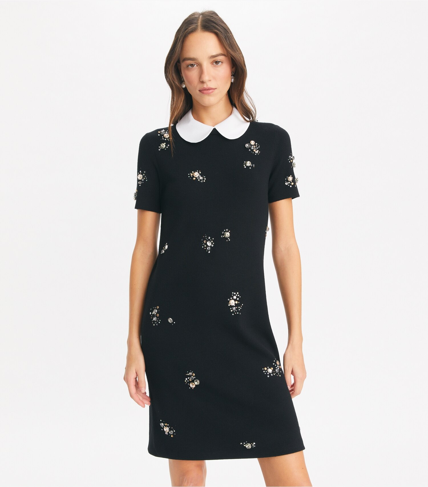 Embellished Poplin Collar Sweater Dress
