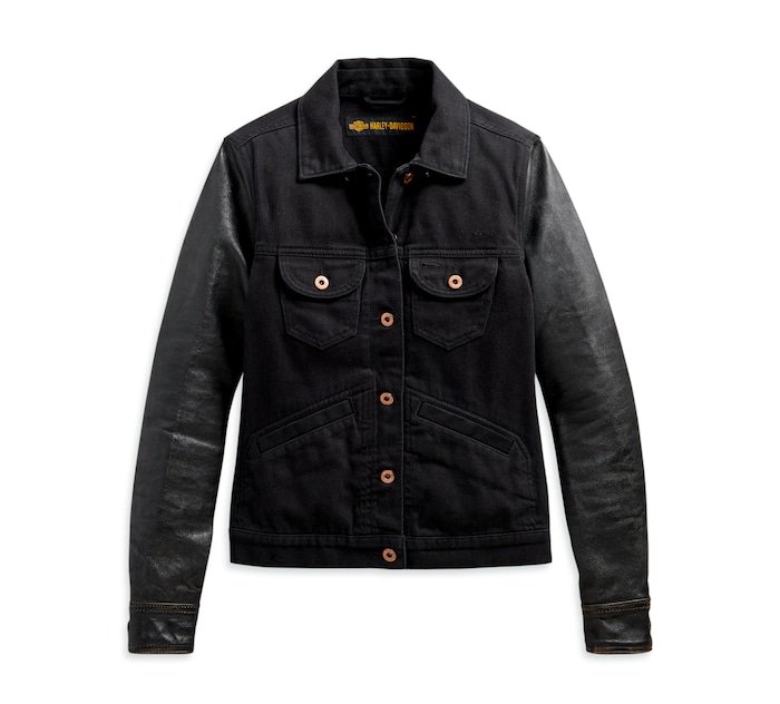 Women's Logo Leather Sleeve Denim Jacket