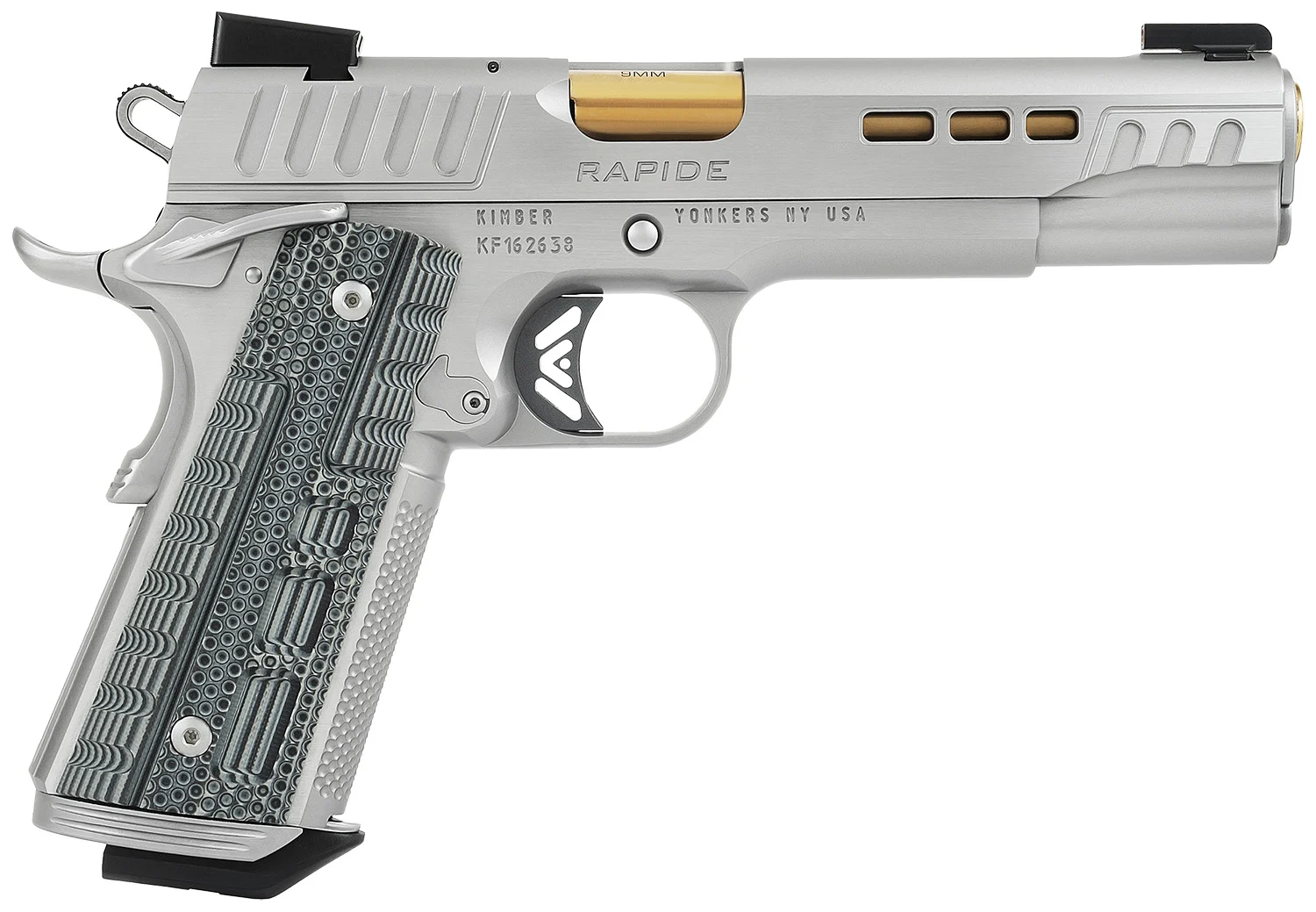 Kimber Mfg.,inc 3000420CA Rapide Dawn (CA) (MA) 9mm 9+1 5 KimPro Silver Front and Rear Serrations Stainless Steel Slide Gray/black Rapide G10 Grip - CLB Guns