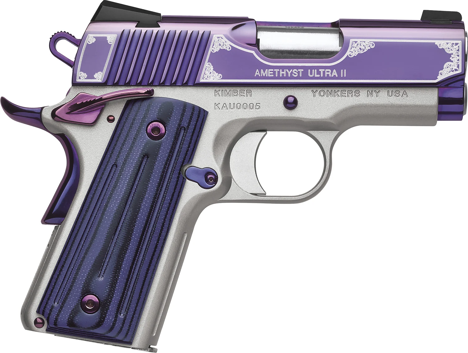 Kimber Mfg, Inc 3200319 Ultra II 9mm Luger 8+1 3 Stainless Match Grade Barrel, Engraved Purple Amethyst PVD Serrated Stainless Steel Slide, Satin Silver Aluminum Frame w/Beavertail, G10 Grip - CLB Guns