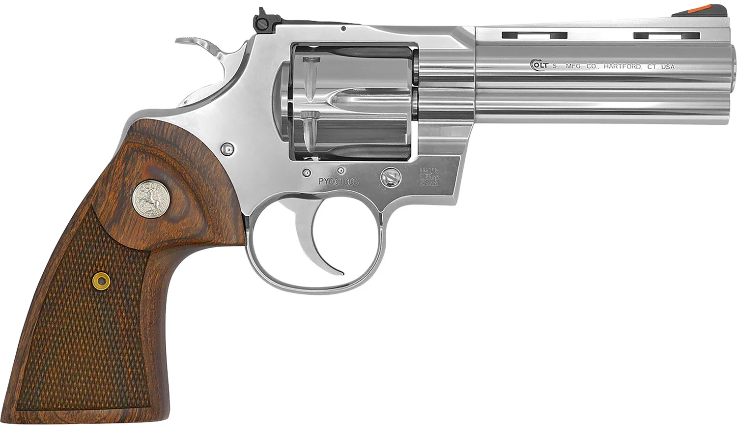 Colt Mfg PYTHONSP4WTS Python 38 Special/357 Mag 6 Shot 4.25 Stainless Vent Recessed Target/Vent Rib Barrel, Cylinder Frame, Walnut w/Colt Medallion Grip - CLB Guns