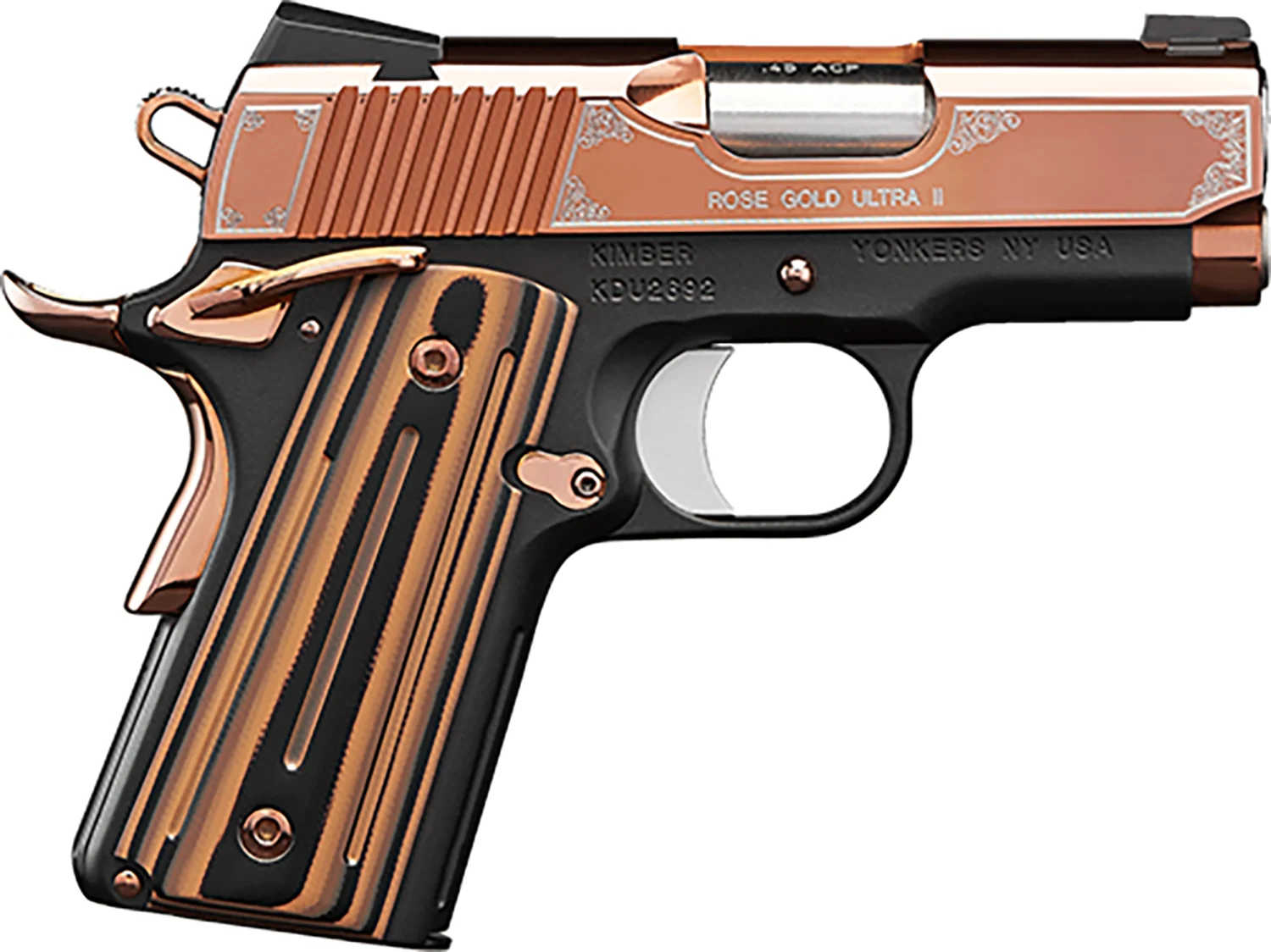 Kimber Mfg, Inc 3200372 Ultra II 9mm Luger 8+1 3 Stainless Match Grade Barrel, Engraved Rose Gold PVD Serrated Stainless Steel Slide, Kimpro II Black Aluminum Frame w/Beavertail, G10 Grip - CLB Guns