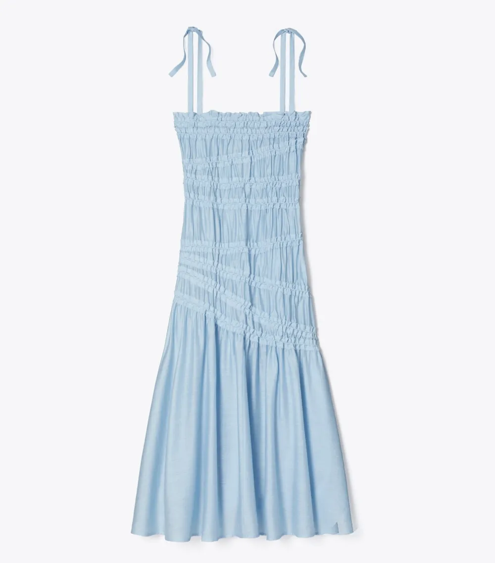 Shoulder Tie Smocked Viscose Dress
