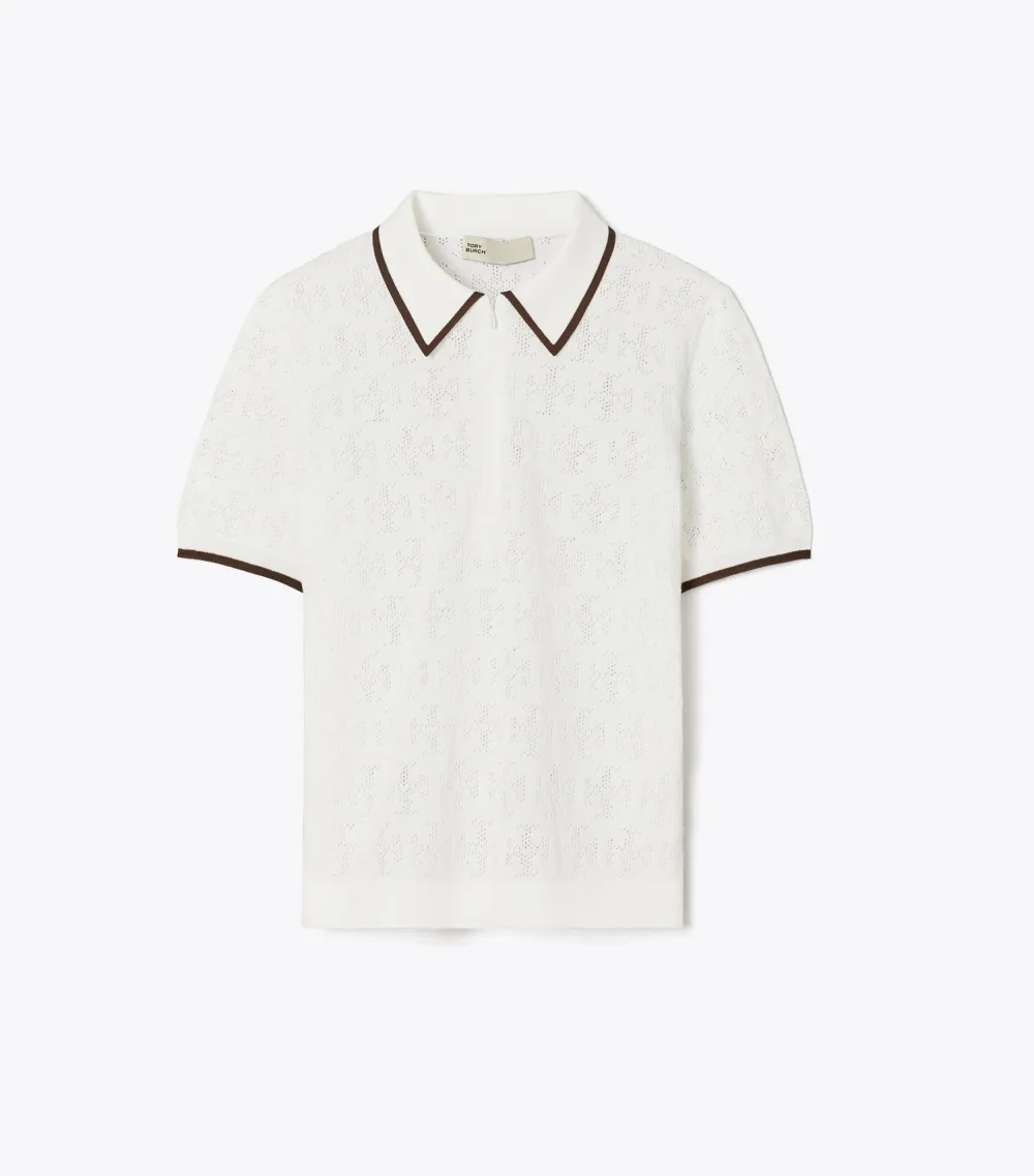 T Monogram Cotton Pointelle Zip Polo