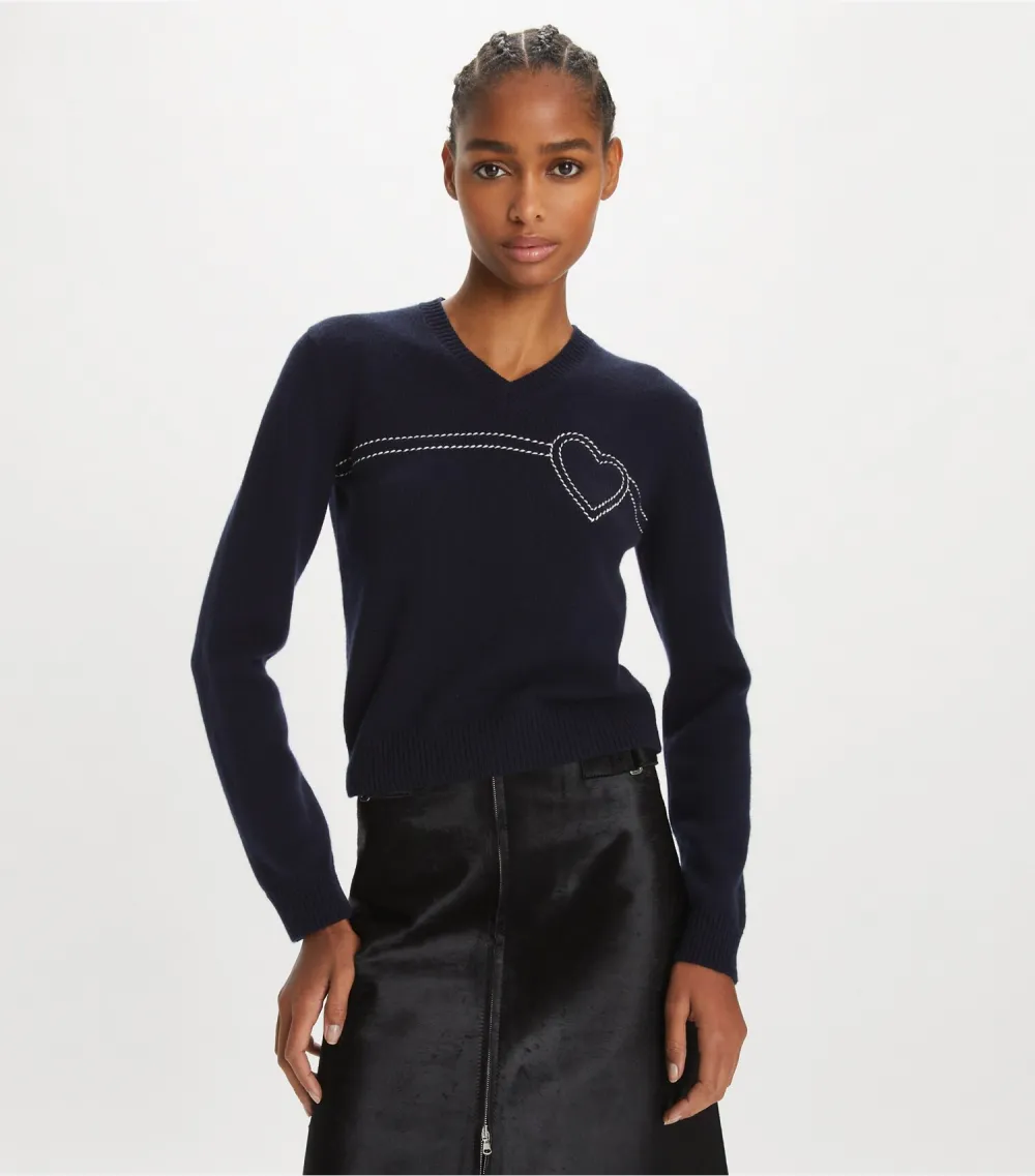 Heart Pickstitch Cashmere Sweater