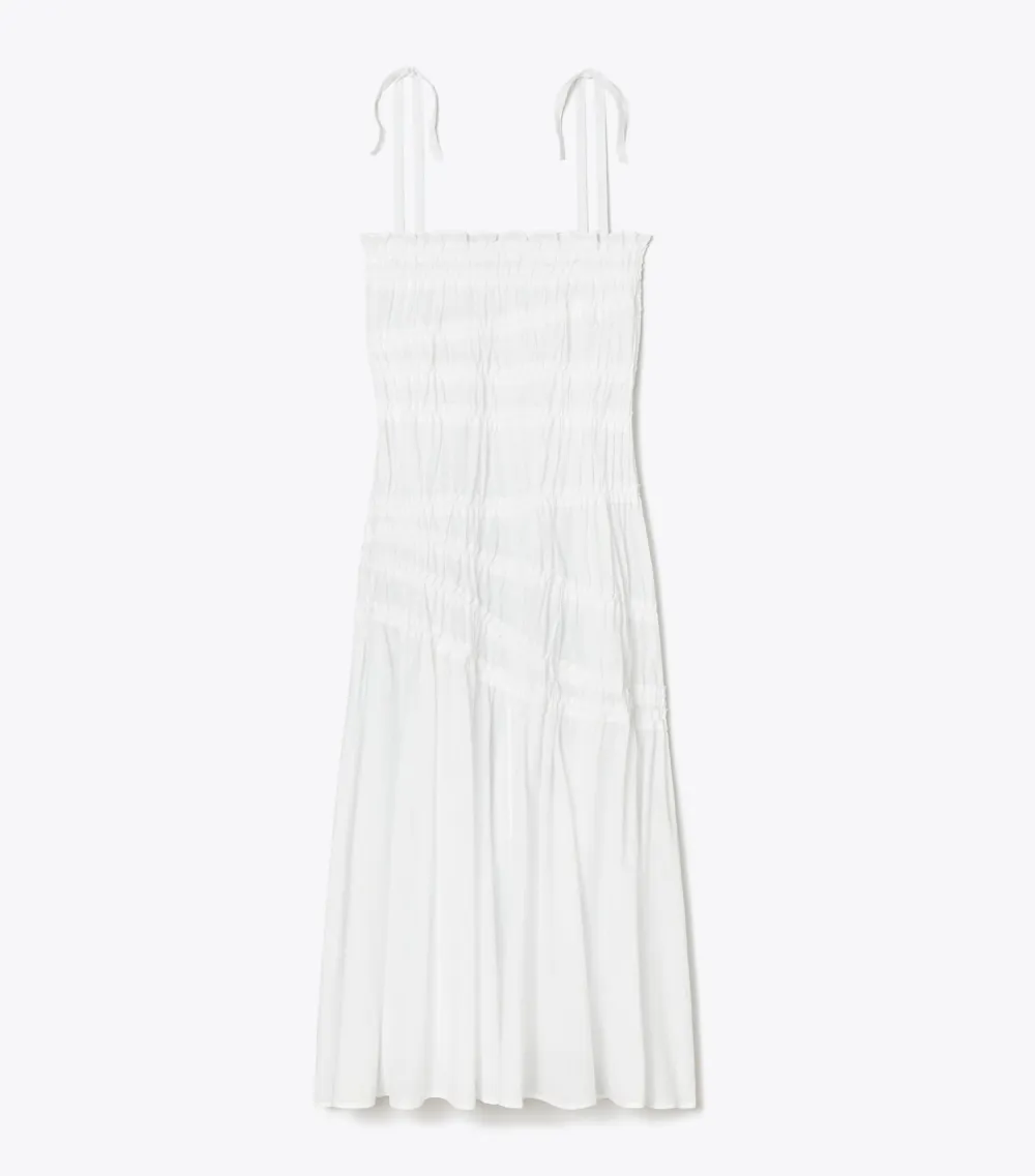 Shoulder Tie Smocked Cotton Dress