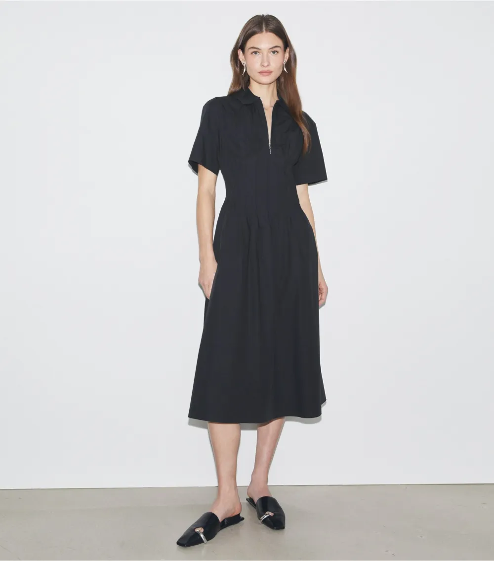 Poplin Pleat-Waist Dress