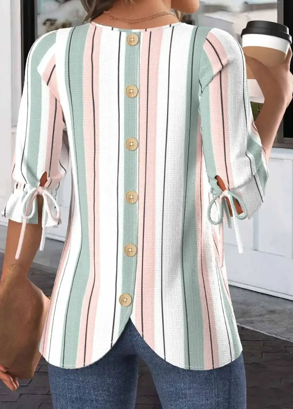 White Drawstring Striped Half Sleeve Round Neck Blouse