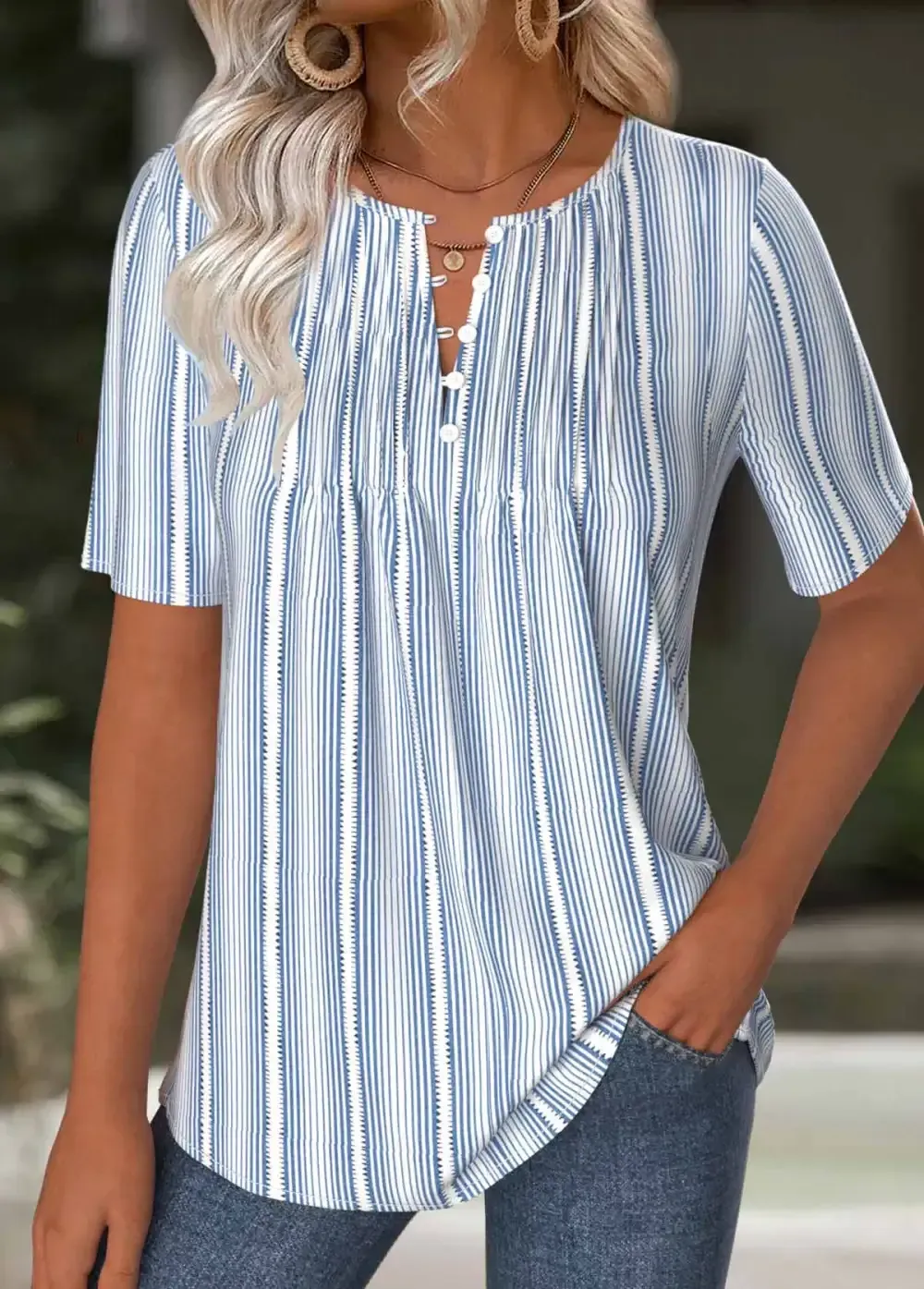 Light Blue Striped Short Sleeve Split Neck T Shirt