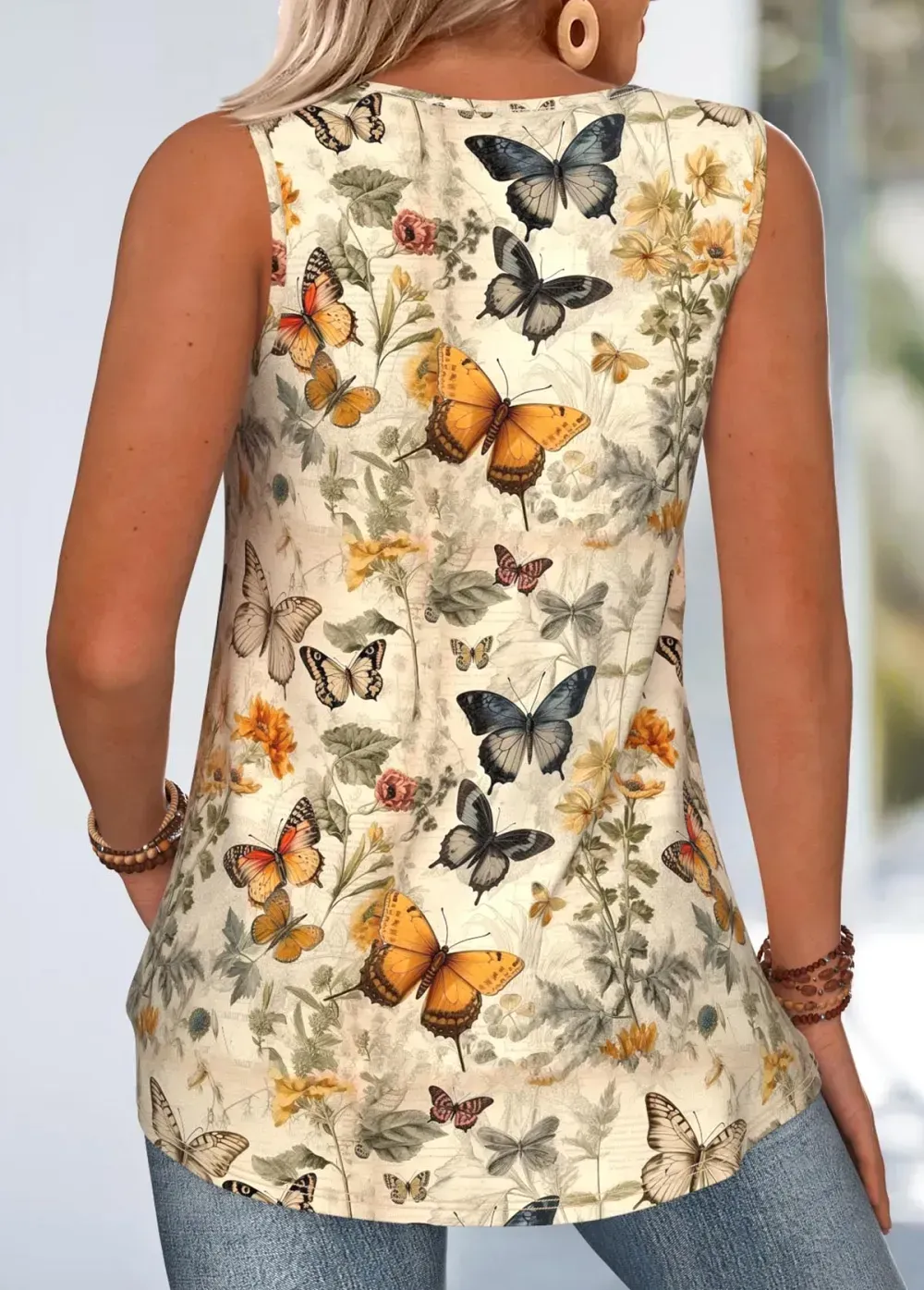Light Yellow Butterfly Print Sleeveless V Neck Tank Top