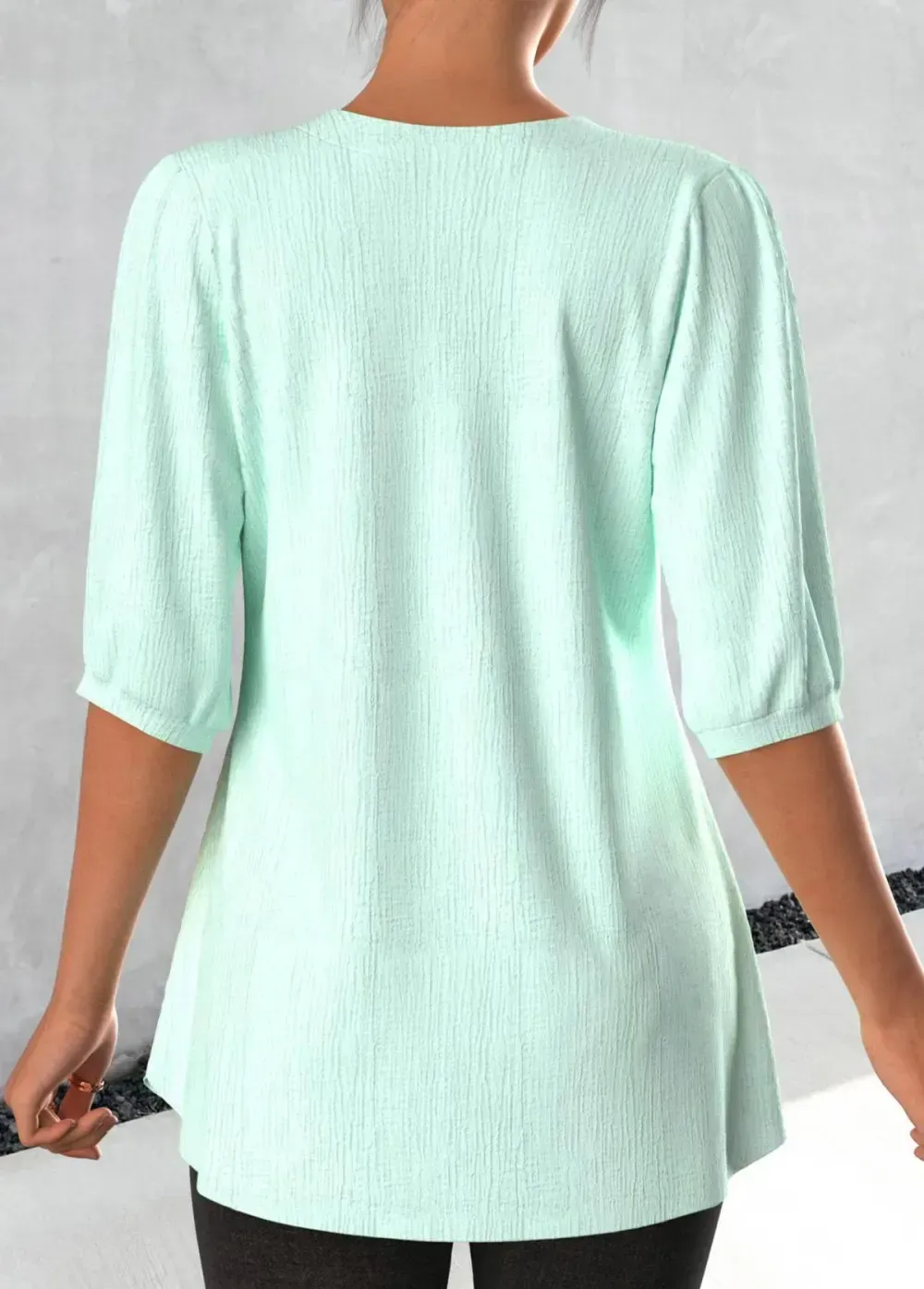 Light Green Lace 3/4 Sleeve Split Neck Blouse