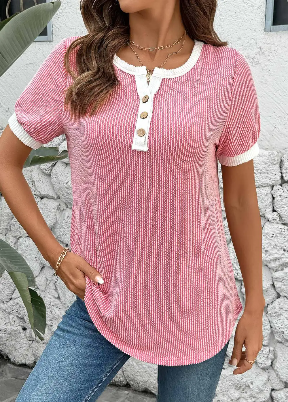 Pink Short Sleeve Split Neck T Shirt