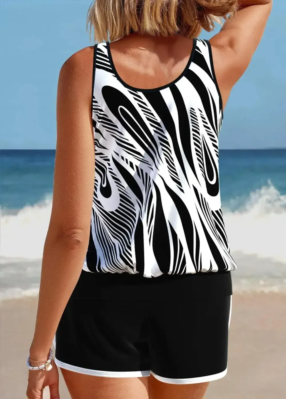Patchwork Geometric Print Black Tankini Set