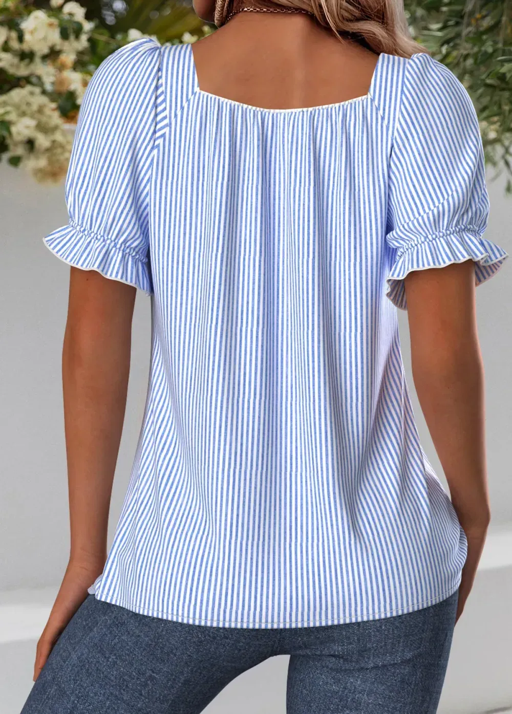 Blue Striped Short Sleeve Square Neck Blouse