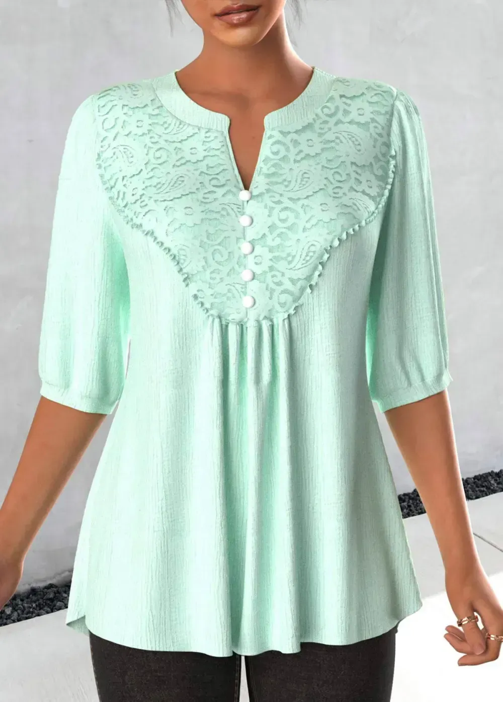 Light Green Lace 3/4 Sleeve Split Neck Blouse