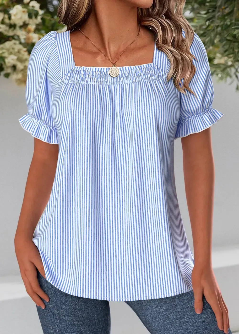 Blue Striped Short Sleeve Square Neck Blouse