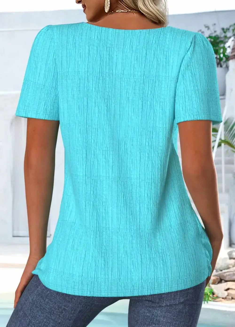 Cyan Short Sleeve Square Neck T Shirt