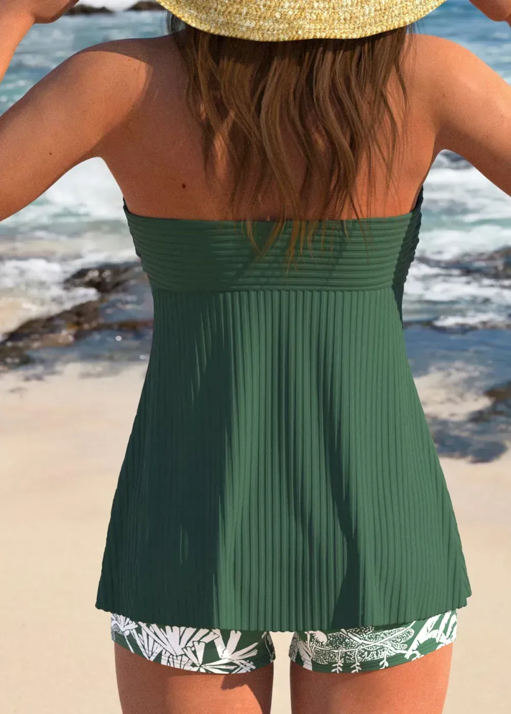 Ruffle Tropical Plants Print Green Tankini Set