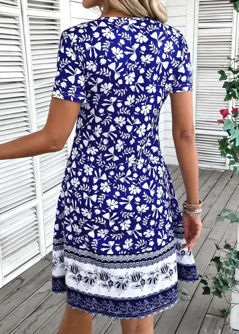 Blue Patchwork Tribal Print A Line Short Sleeve Dress