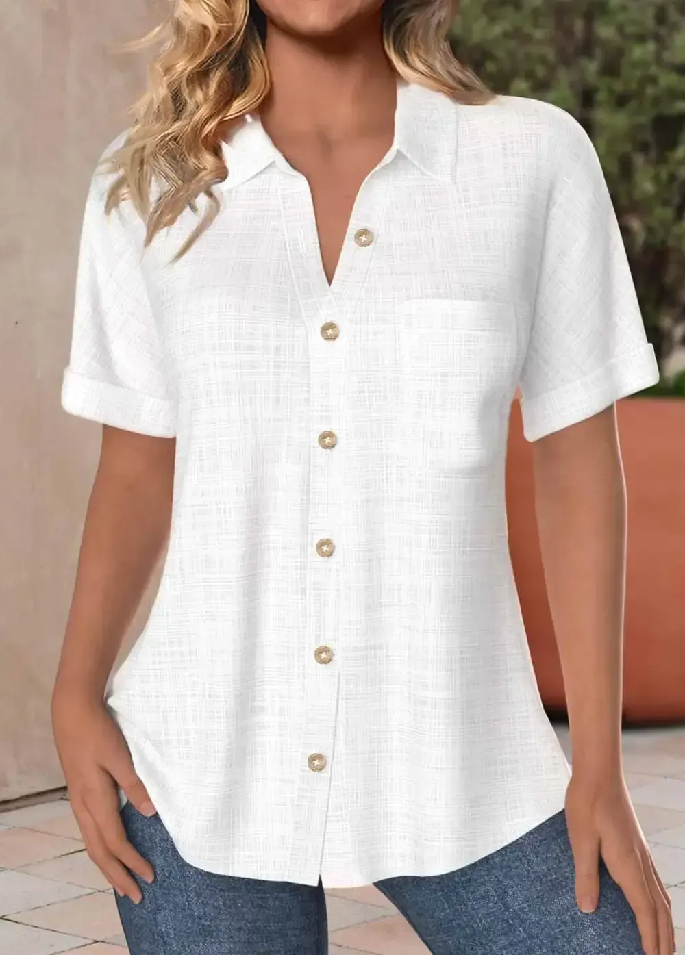Button Up White Pocket Short Sleeve Shirt