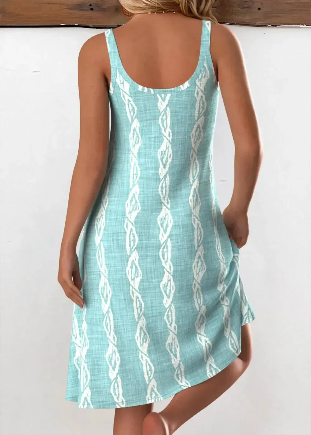 Mint Green Circular Ring Tropical Plants Print Strappy Dress
