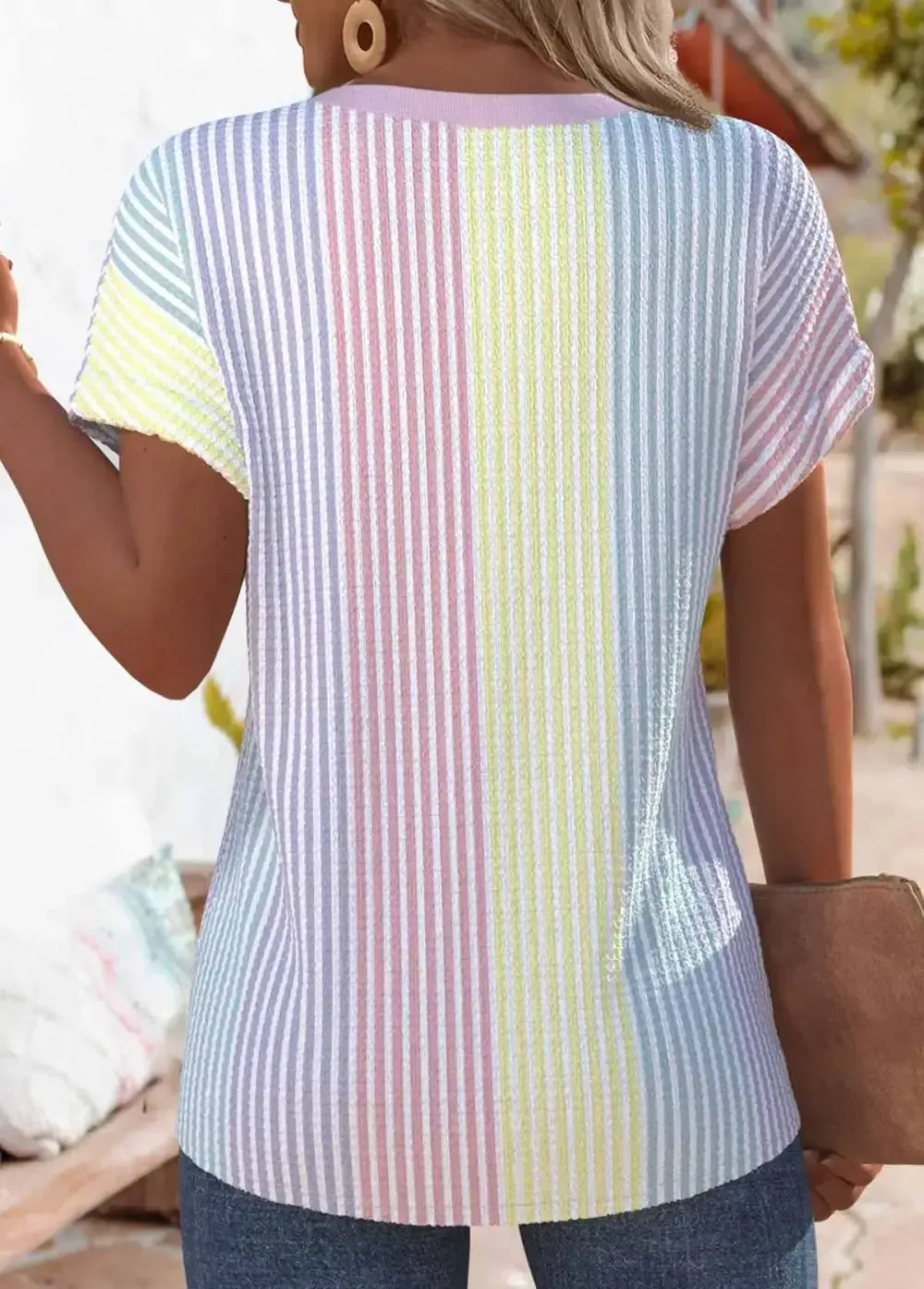 Multi Color Cross Hem Striped Short Sleeve T Shirt