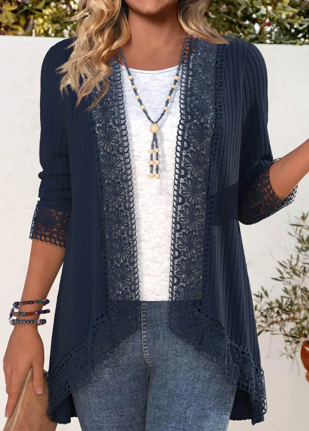 Navy Embroidery Long Sleeve Light Cardigan