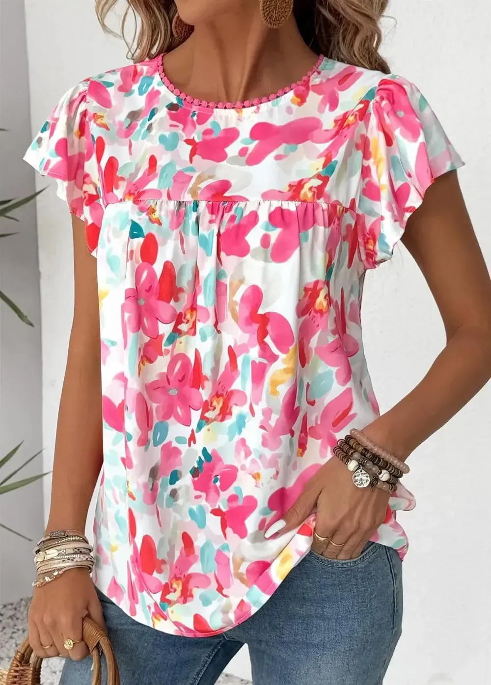 Hot Pink Floral Print Short Sleeve Round Neck Blouse