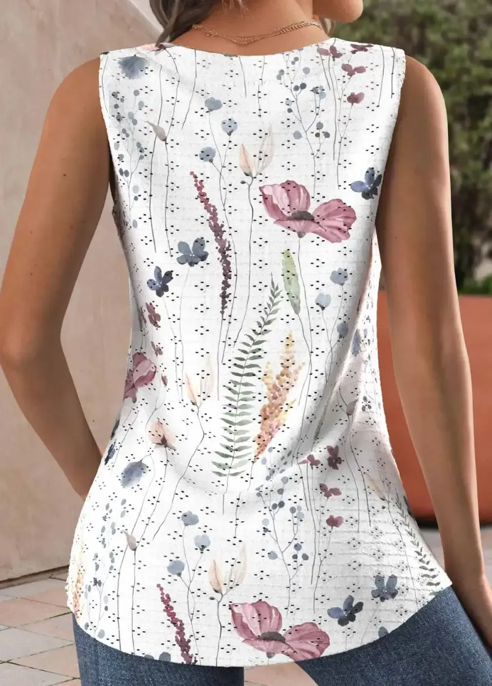 White Hole Floral Print Sleeveless Square Neck Tank Top