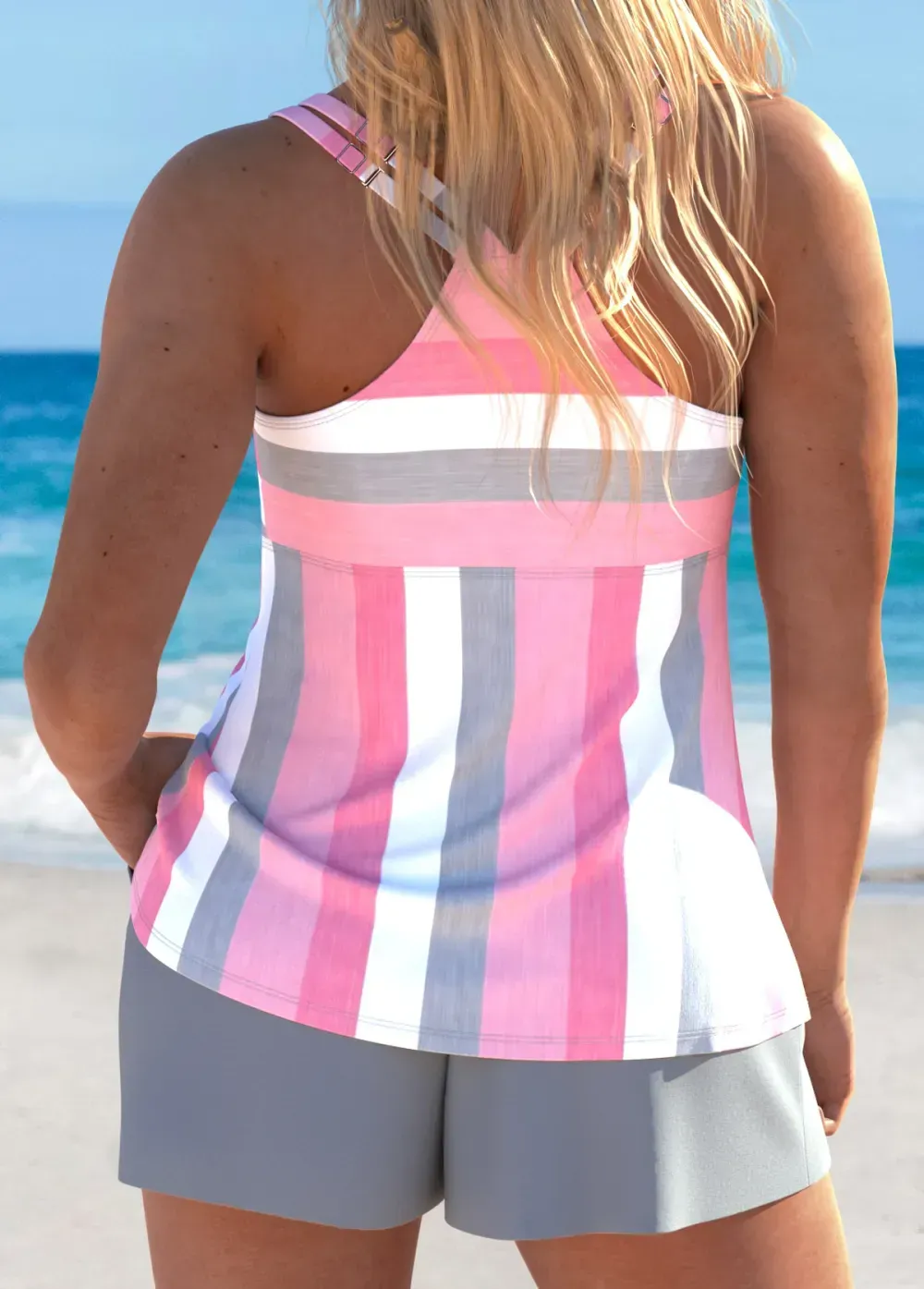 Lace Up Striped Pink Tankini Set