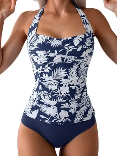Womens Halter Ruched Tummy Control Two Piece Tankini Set